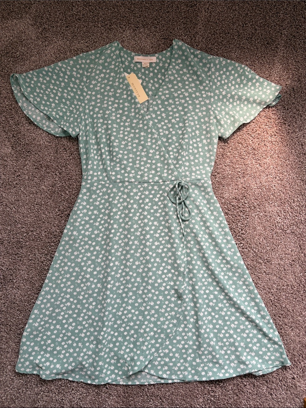 Light Teal and White Floral Flutter Sleeve Dress